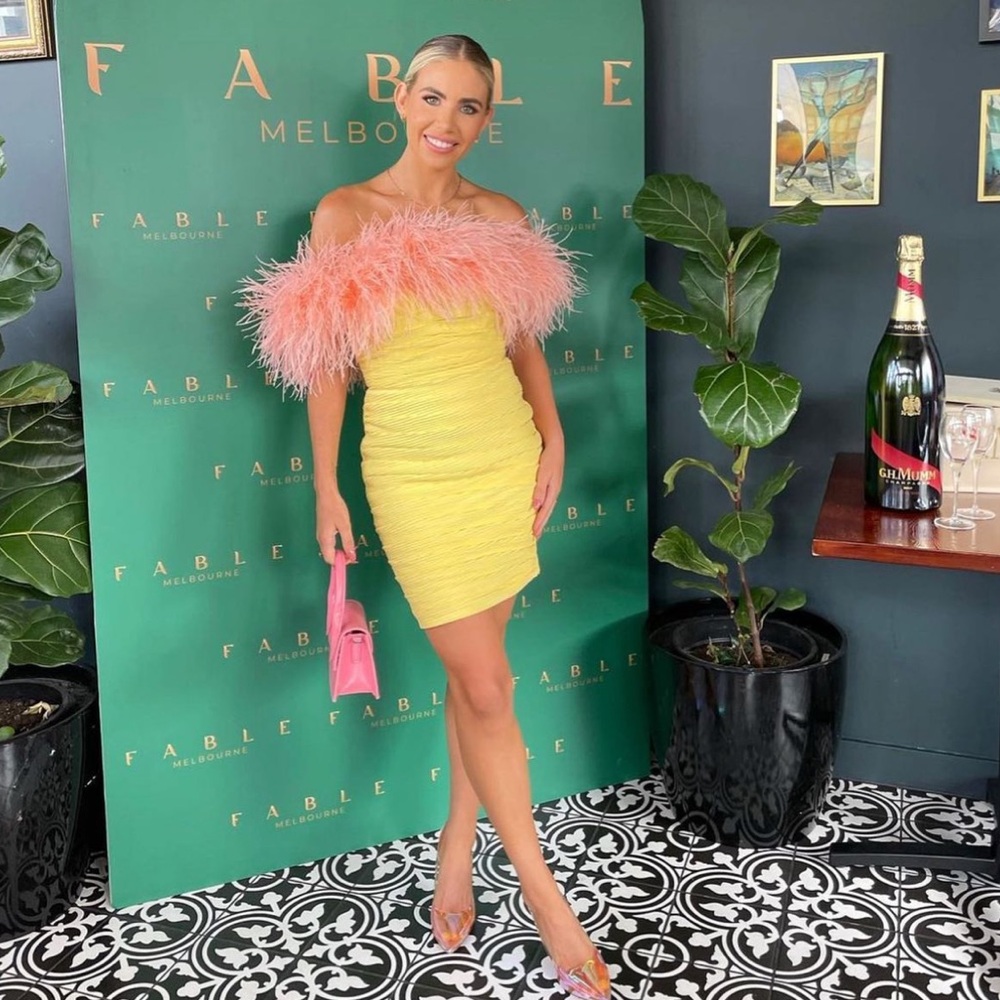 NWT Rachel Gilbert yellow  and Pink Feather Dress